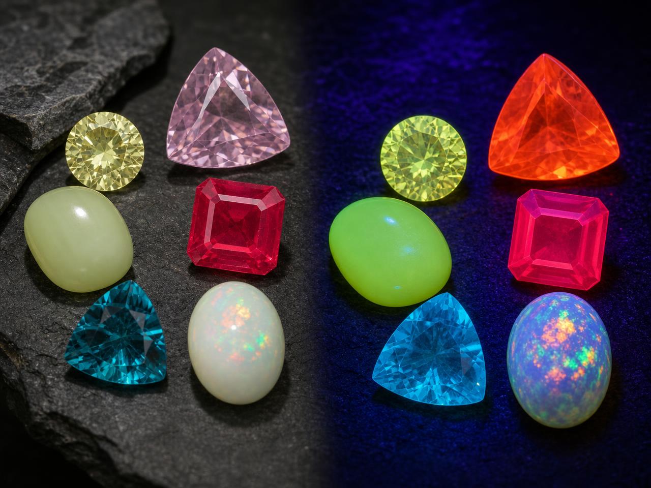 Loose fluorescent gemstones glowing under ultraviolet light