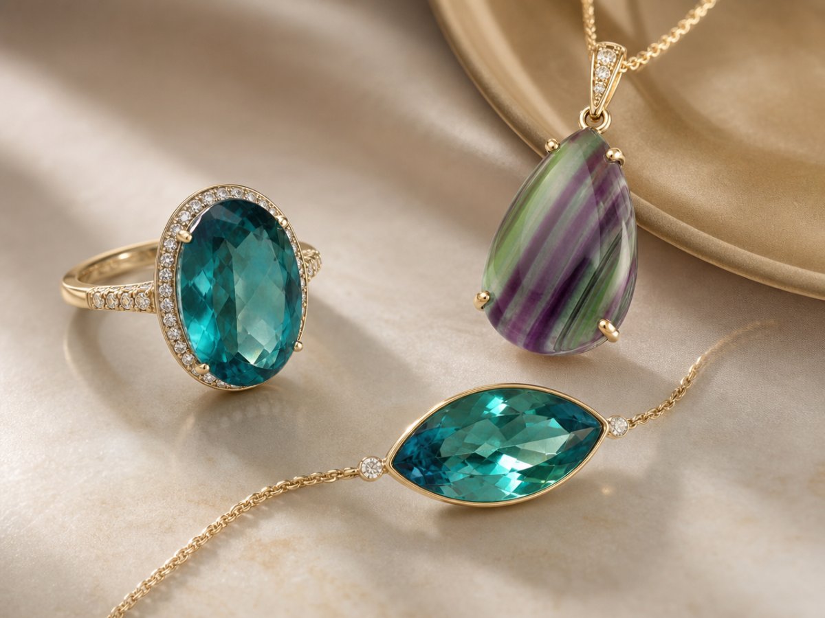 Fluorite gemstones shown in jewelry