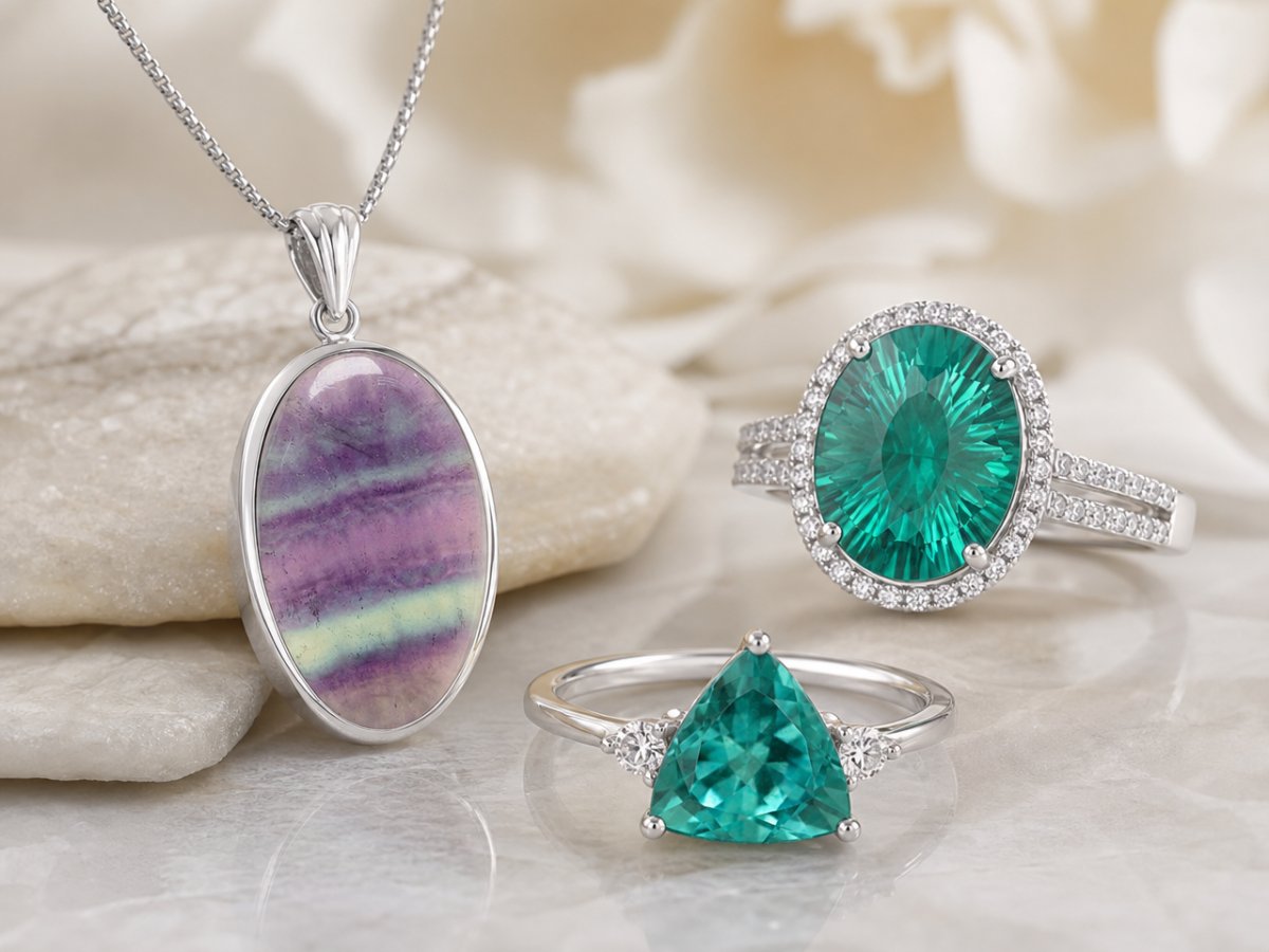 Fluorite gemstones shown in jewelry