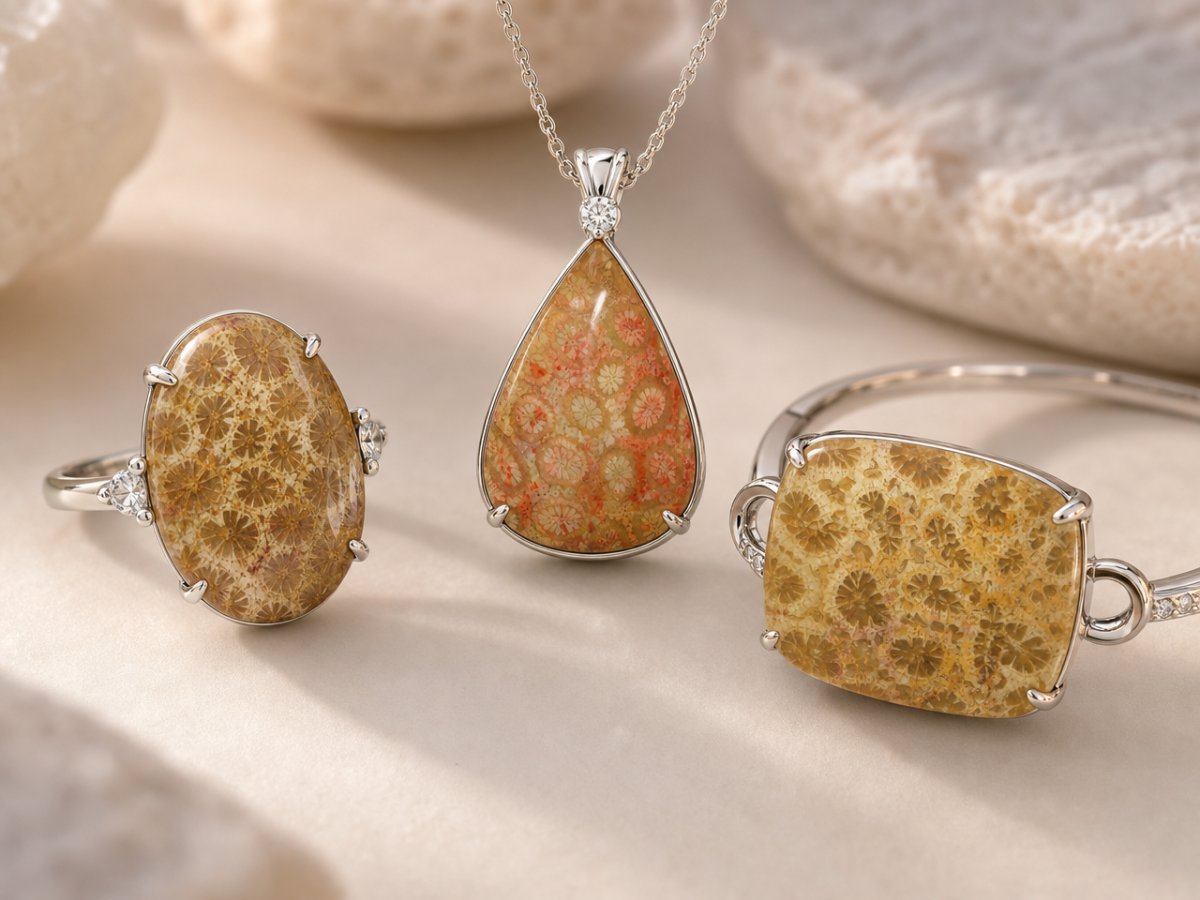 Fossil Coral gemstones shown in jewelry