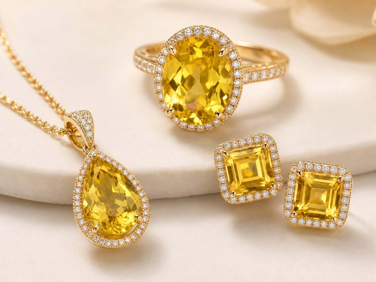 Golden Beryl gemstones shown in jewelry