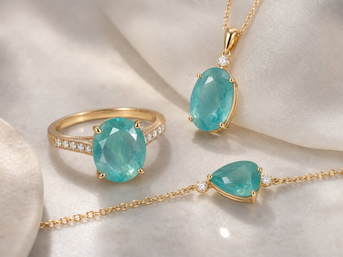 Grandidierite gemstones shown in jewelry