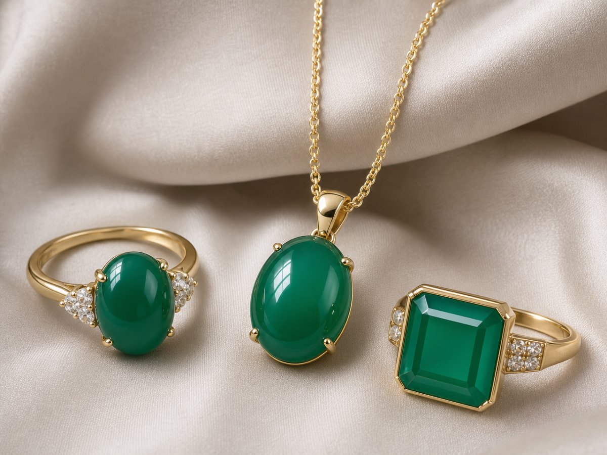 Green Agate gemstones shown in jewelry