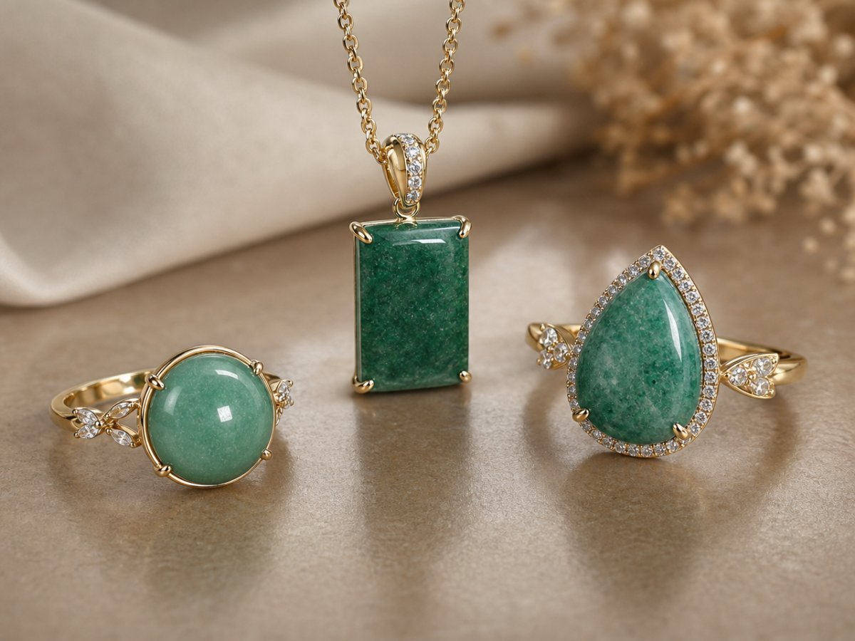 Green Aventurine gemstones shown in jewelry