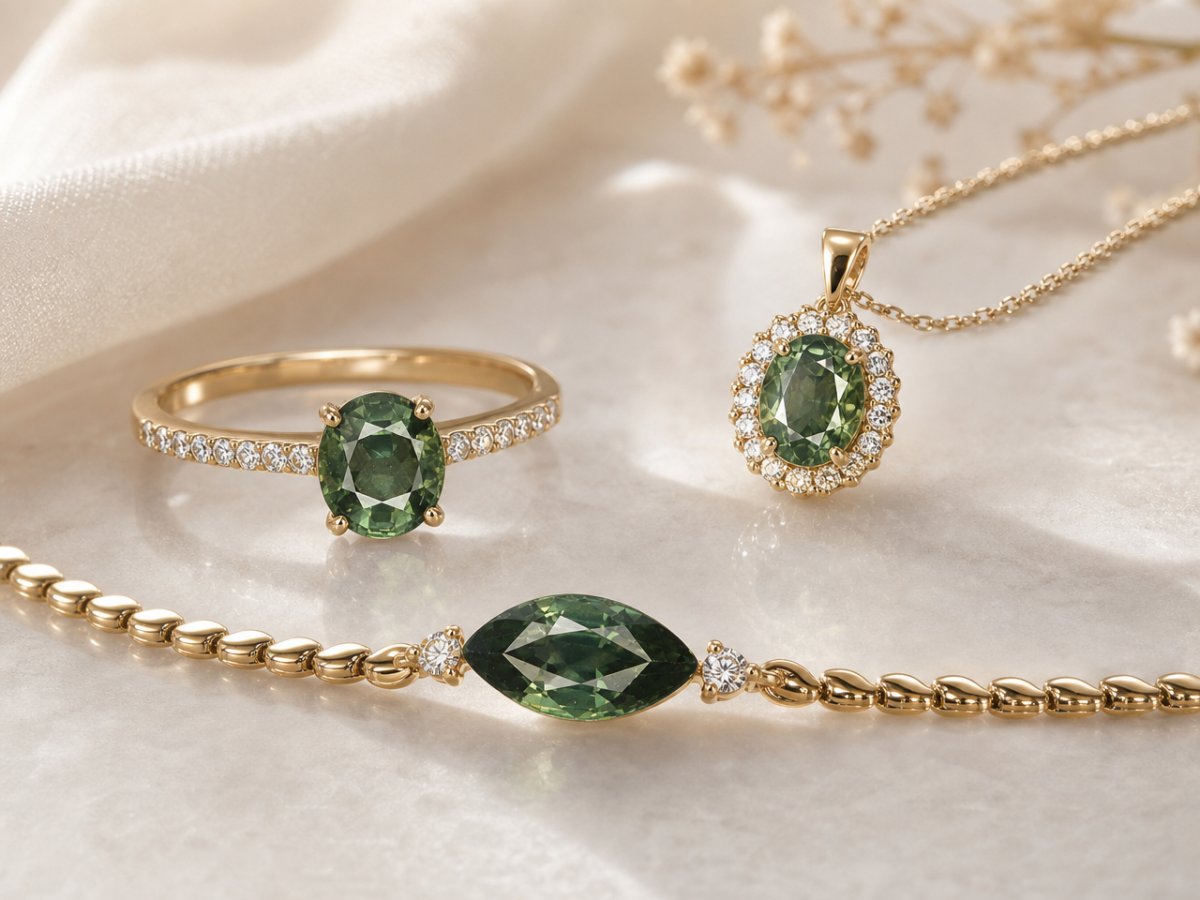 Green Sapphire gemstones shown in jewelry
