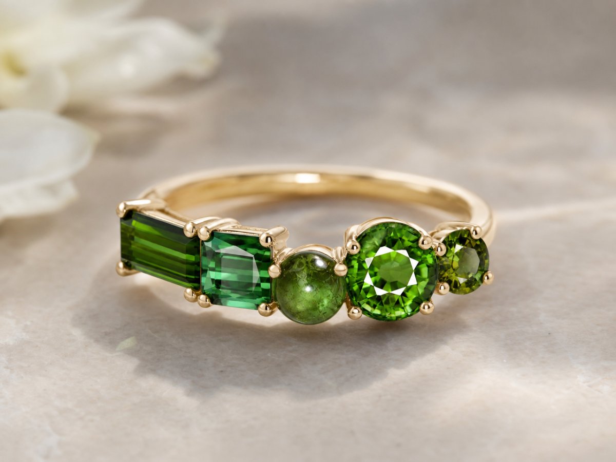 Green Tourmaline gemstones shown in jewelry