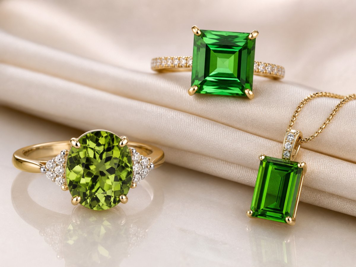 Green Tourmaline gemstones shown in jewelry