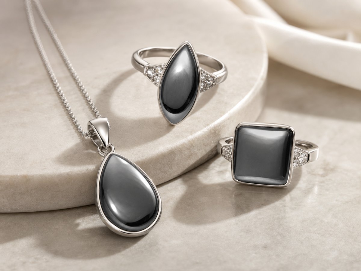 Hematite gemstones shown in jewelry