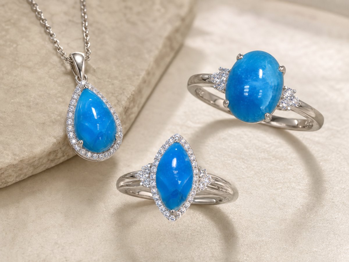 Hemimorphite gemstones shown in jewelry