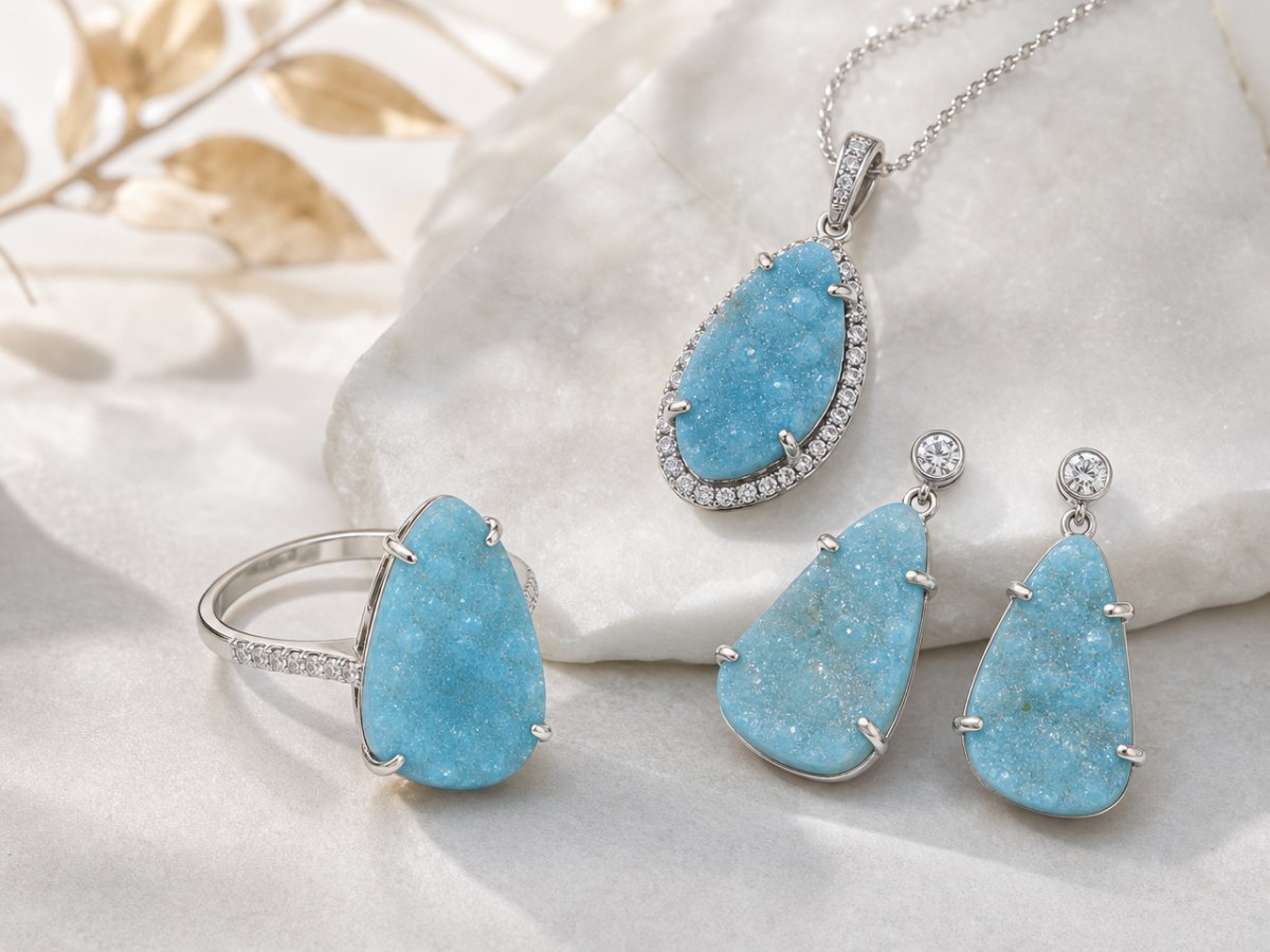 Hemimorphite Druzy gemstones shown in jewelry