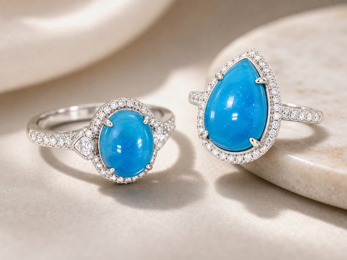 Hemimorphite gemstones shown in jewelry