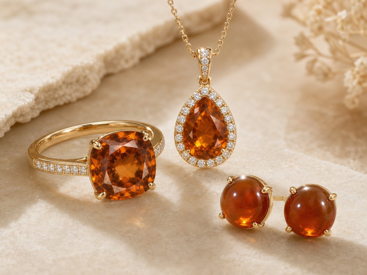 Gemas de granate hessonita mostradas en joyería