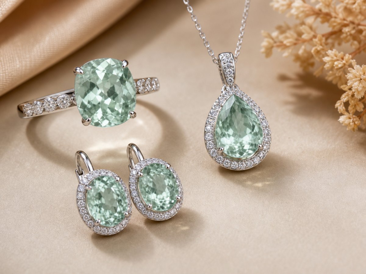 Hiddenite gemstones shown in jewelry