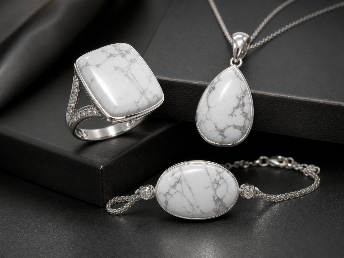 Howlite gemstones shown in jewelry