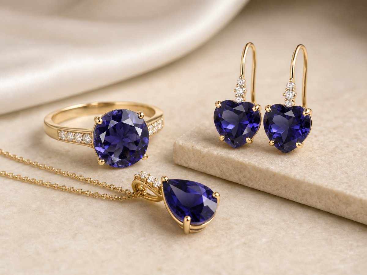 Iolite gemstones shown in jewelry