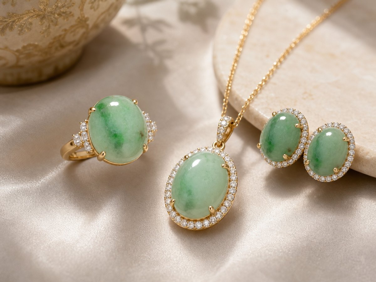 Jade gemstones shown in jewelry