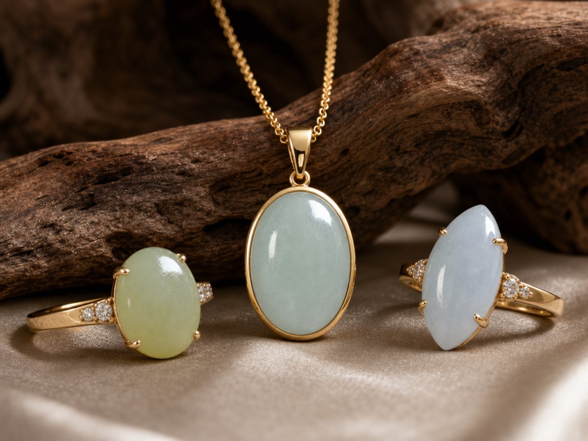 Jadeite gemstones shown in jewelry