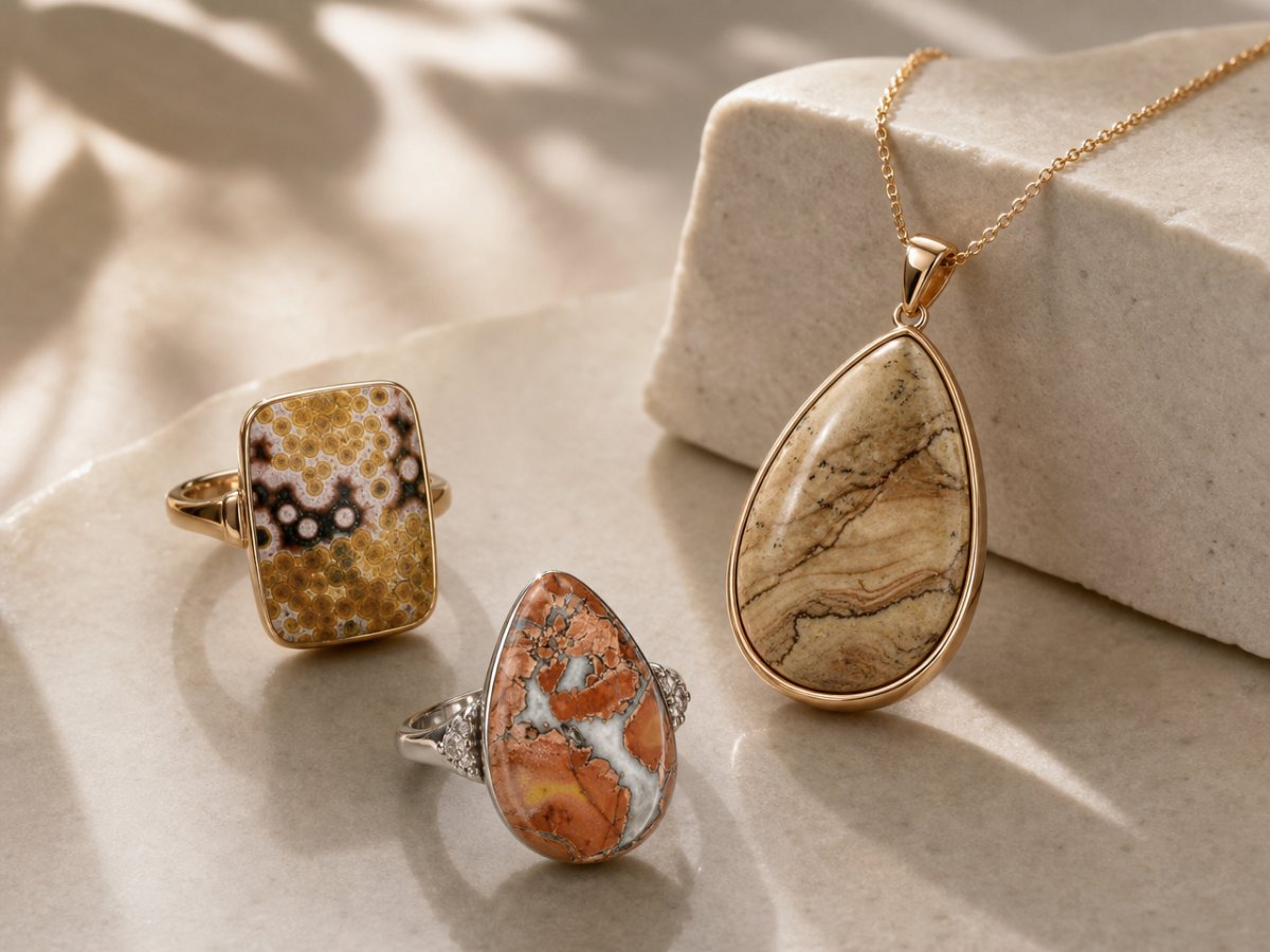 Jasper gemstones shown in jewelry