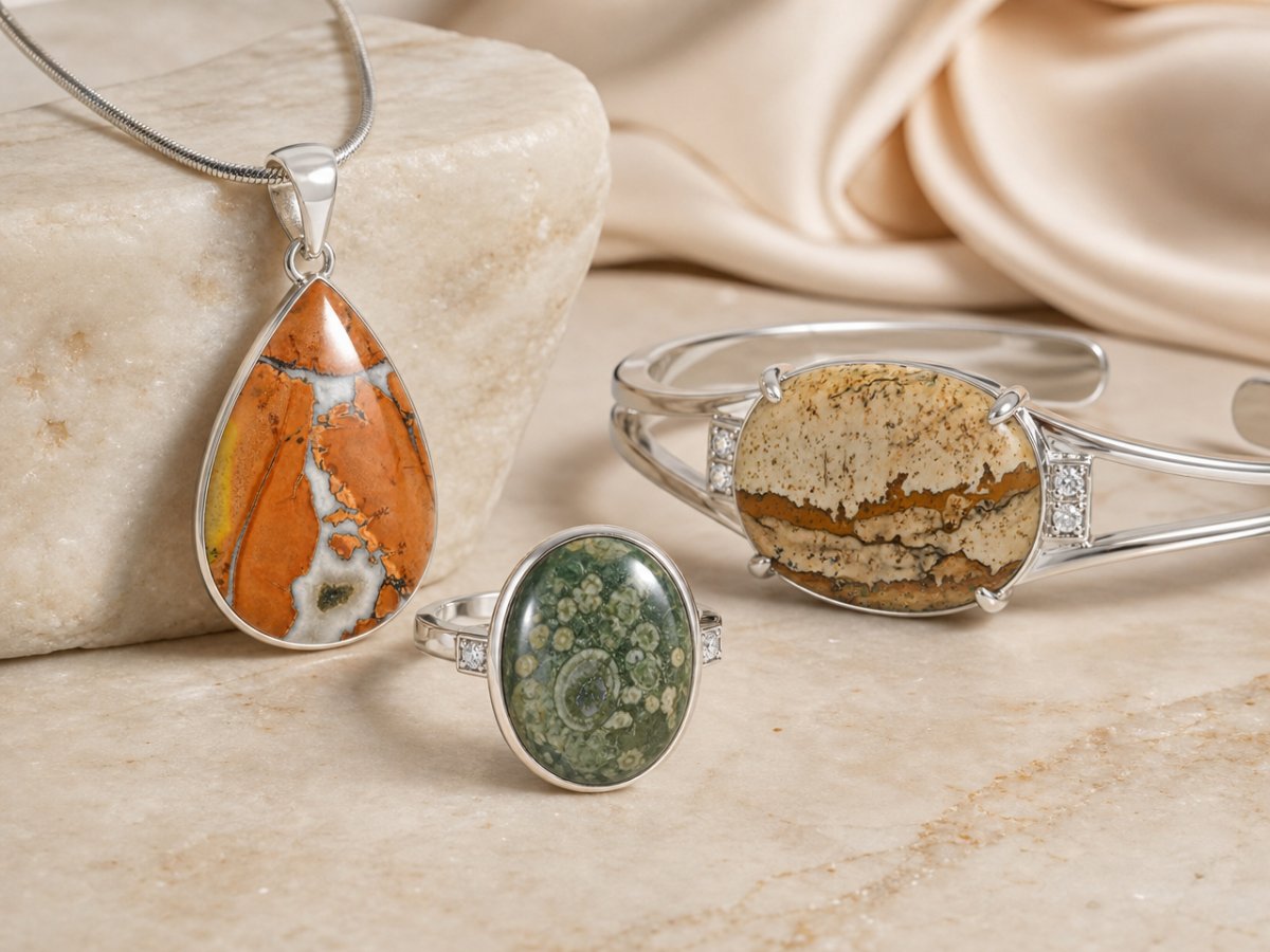 Jasper gemstones shown in jewelry