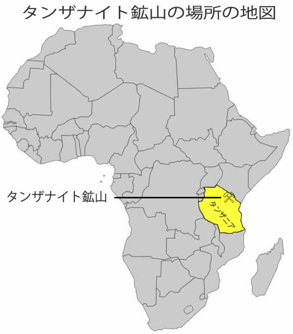 タンザニアのタンザナイト鉱山の位置を示すアフリカの地図