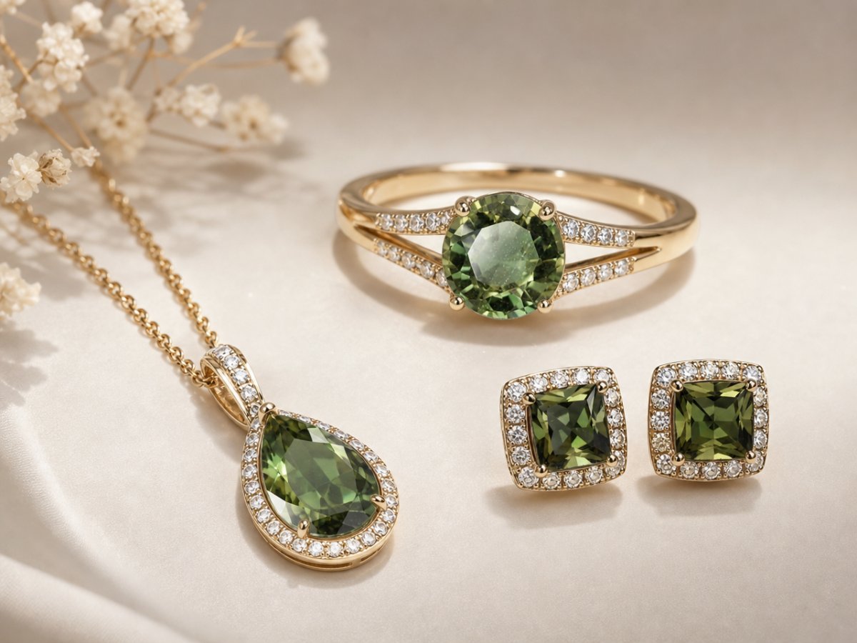 Kornerupine gemstones shown in jewelry