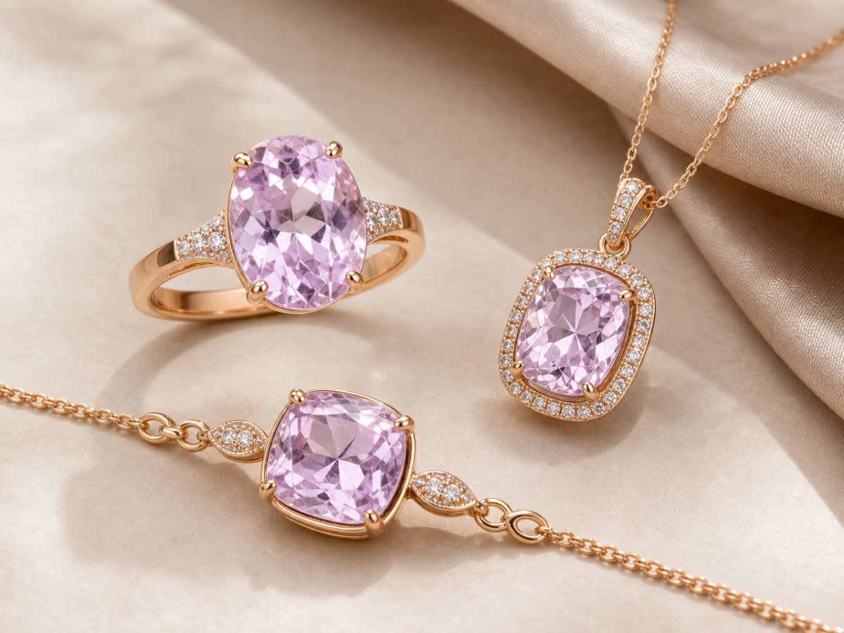 Kunzite gemstones shown in jewelry