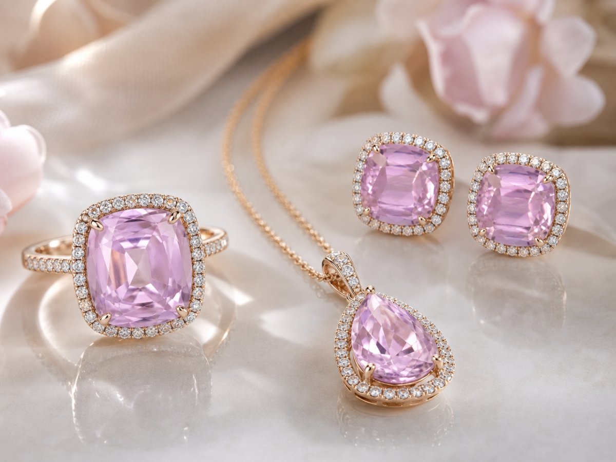 Kunzite gemstones shown in jewelry