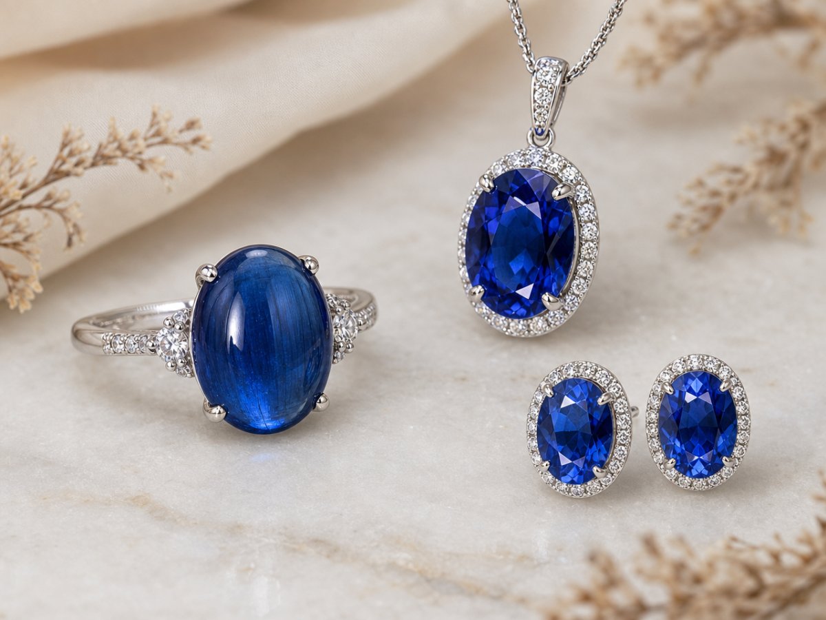 Kyanite gemstones shown in jewelry