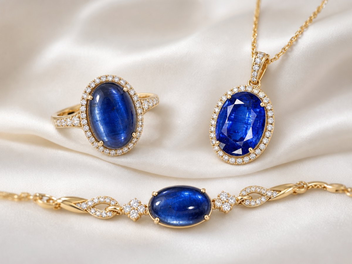 Kyanite gemstones shown in jewelry