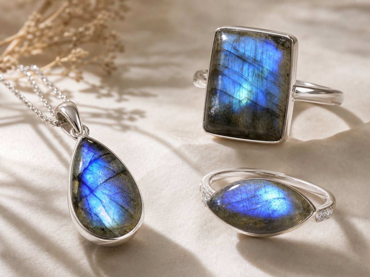 Labradorite gemstones shown in jewelry