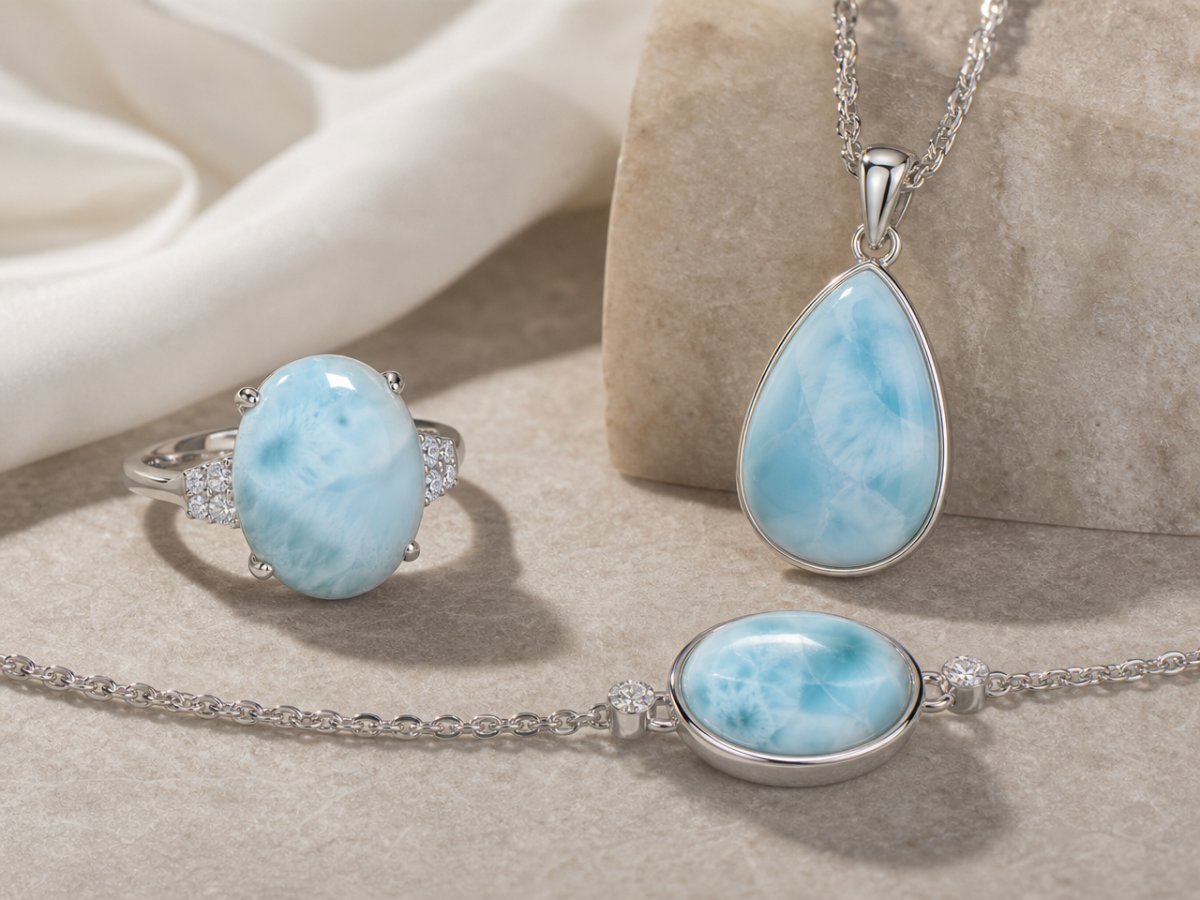 Larimar gemstones shown in jewelry
