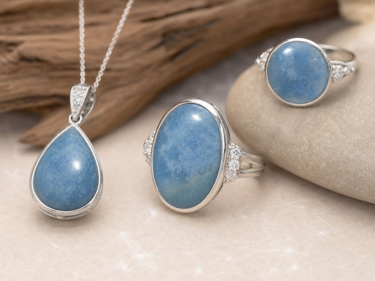 Lazulite gemstones shown in jewelry