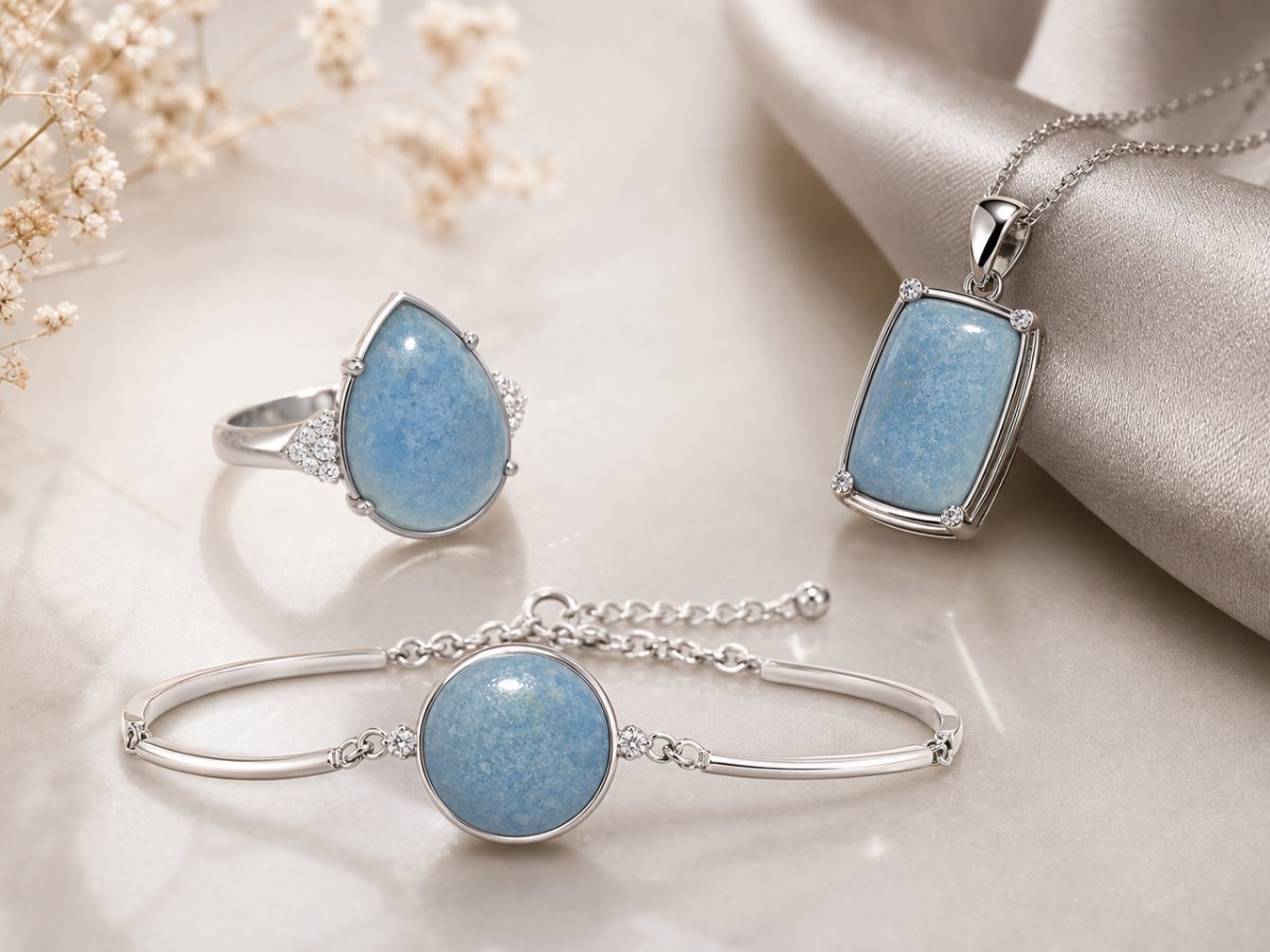 Lazulite gemstones shown in jewelry