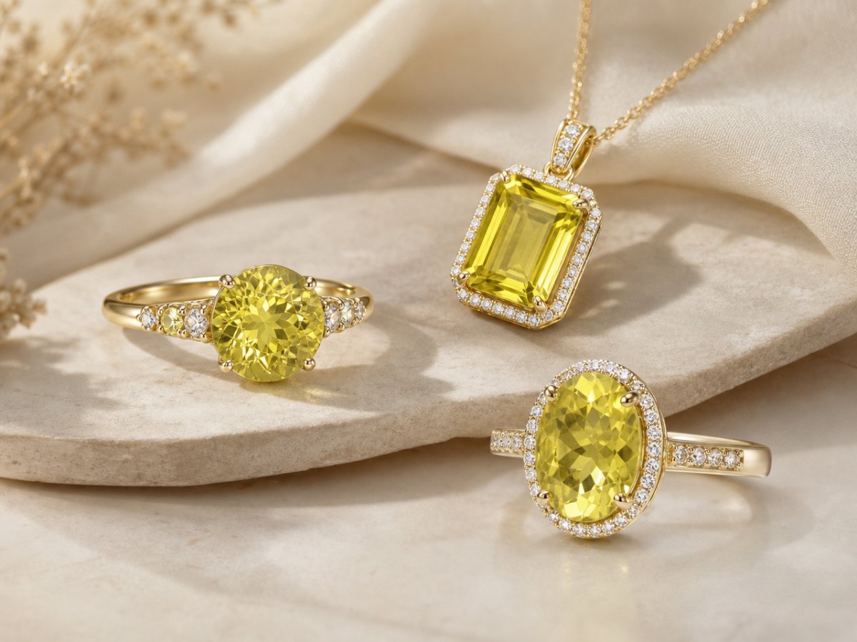 Lemon Quartz gemstones shown in jewelry