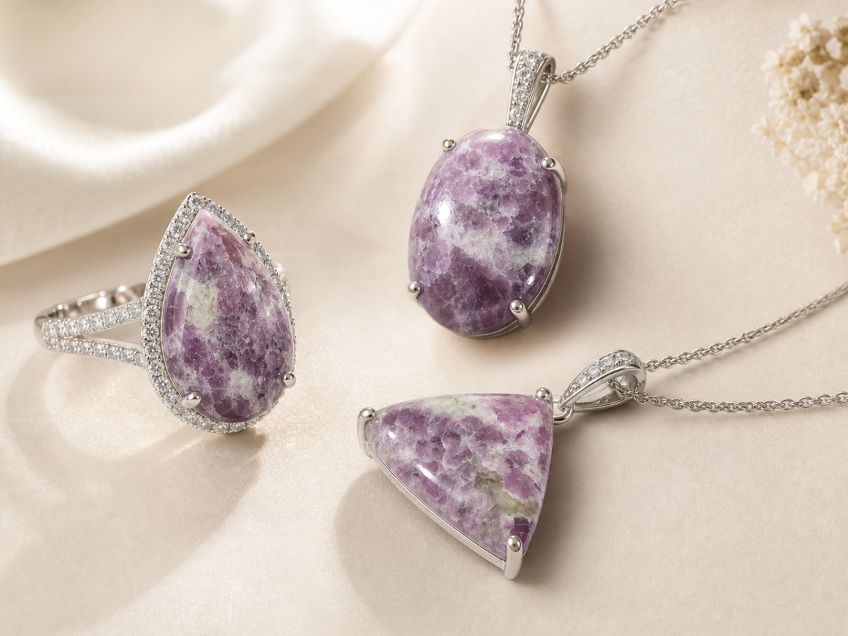 Lepidolite gemstones shown in jewelry