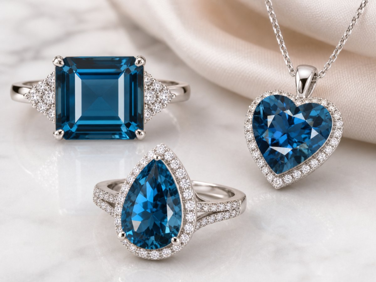 Gemas de topacio azul de Londres mostradas en joyería