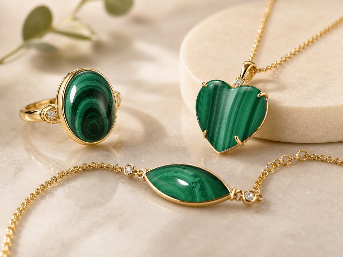 Malachite gemstones shown in jewelry