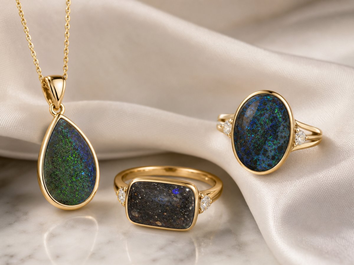 Matrix Opal gemstones shown in jewelry