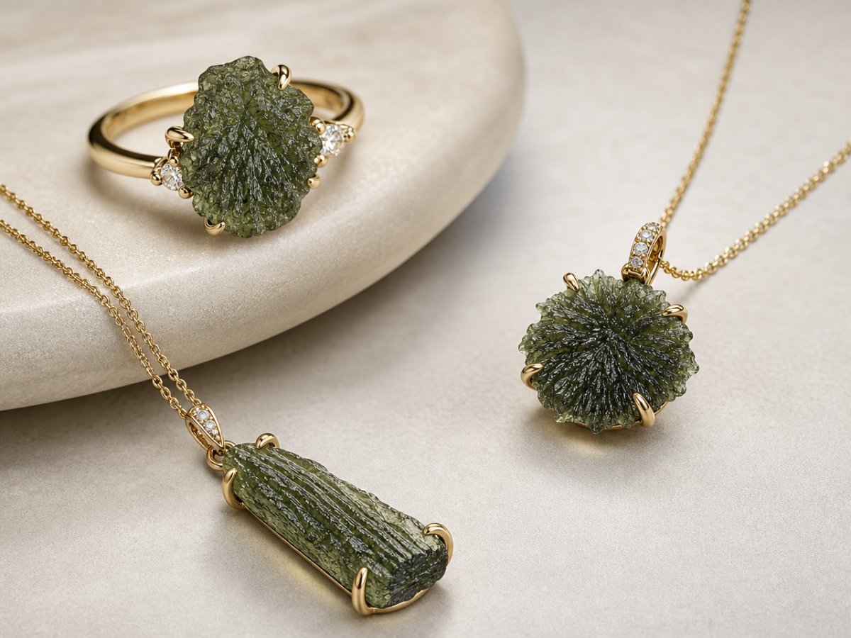 Moldavite gemstones shown in jewelry