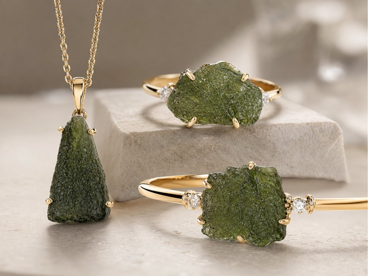 Moldavite gemstones shown in jewelry