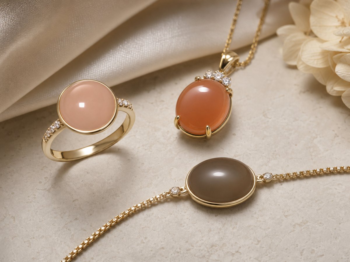 Moonstone gemstones shown in jewelry