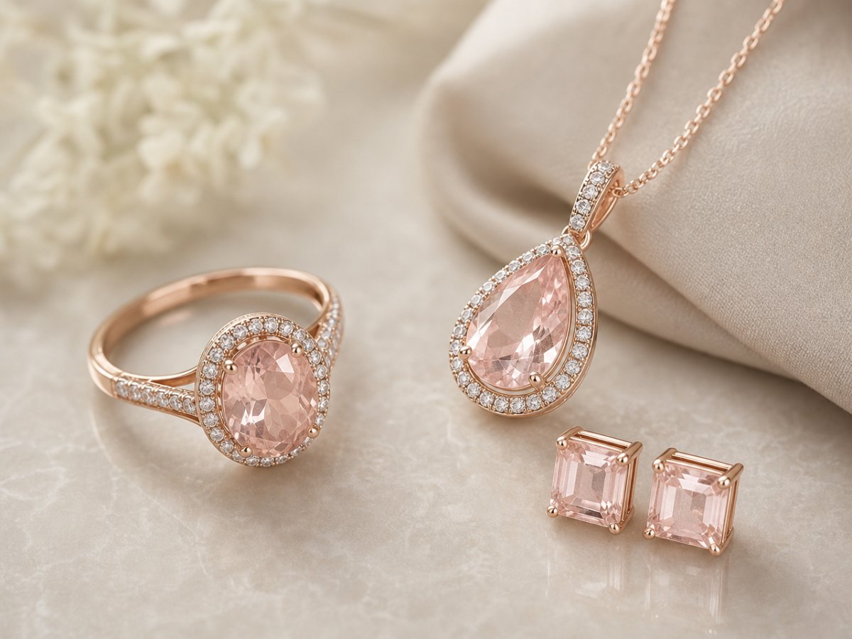 Morganite gemstones shown in jewelry