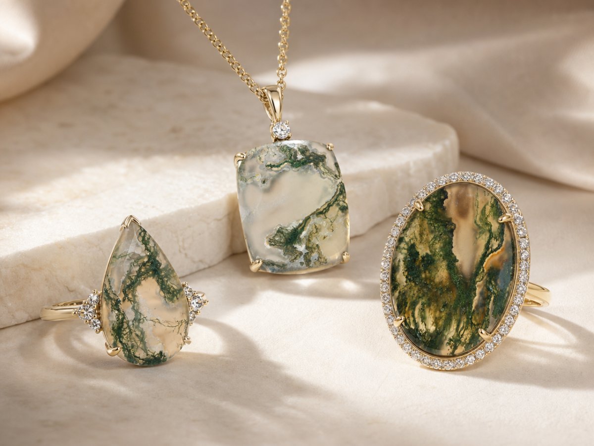 Moss Agate gemstones shown in jewelry