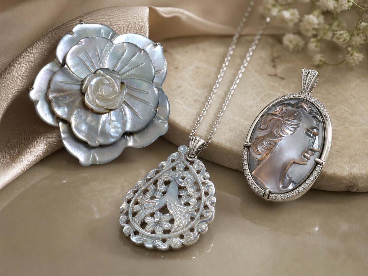 Mother of Pearl gemstones shown in jewelry