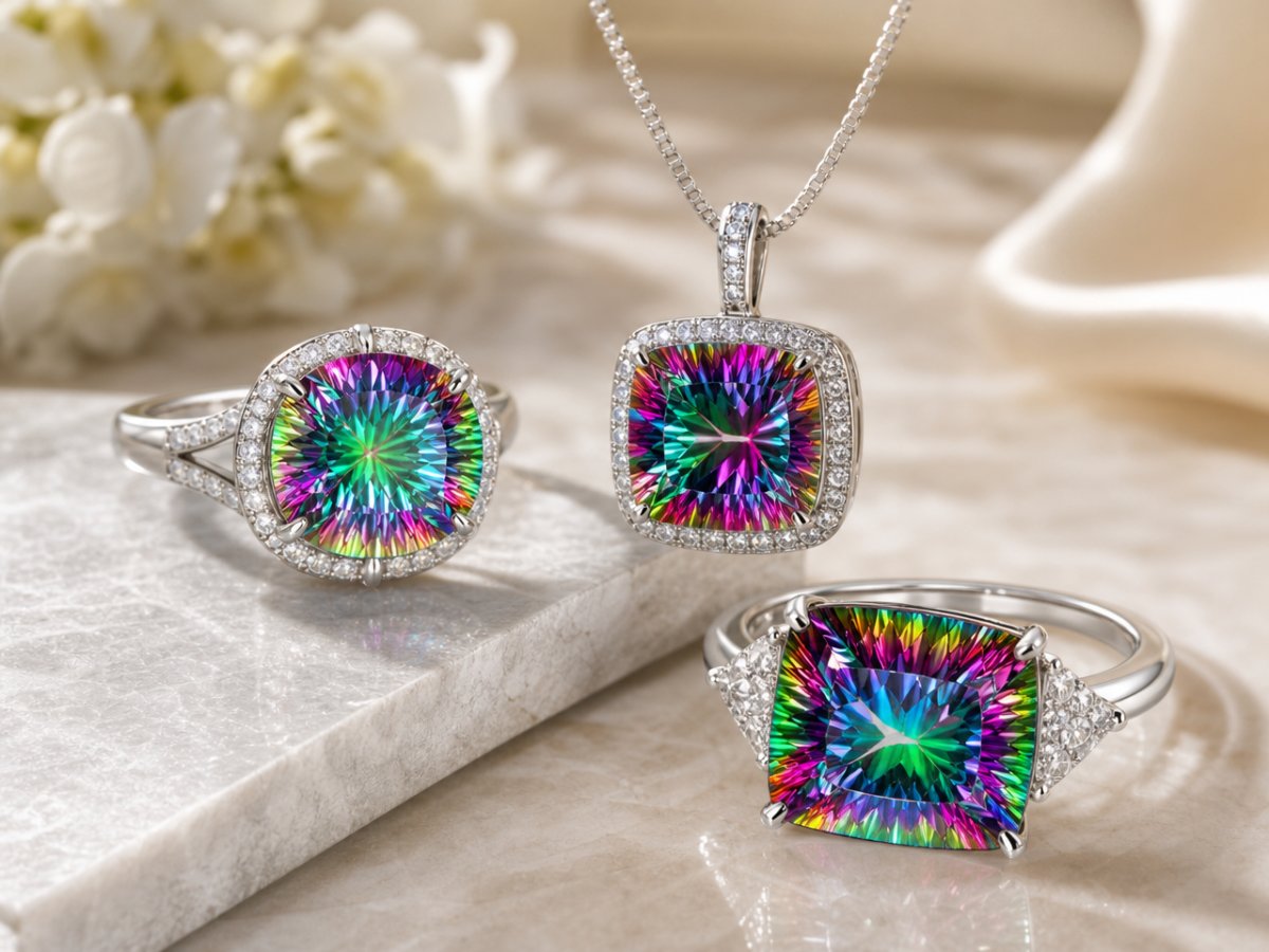 Mystic Quartz gemstones shown in jewelry