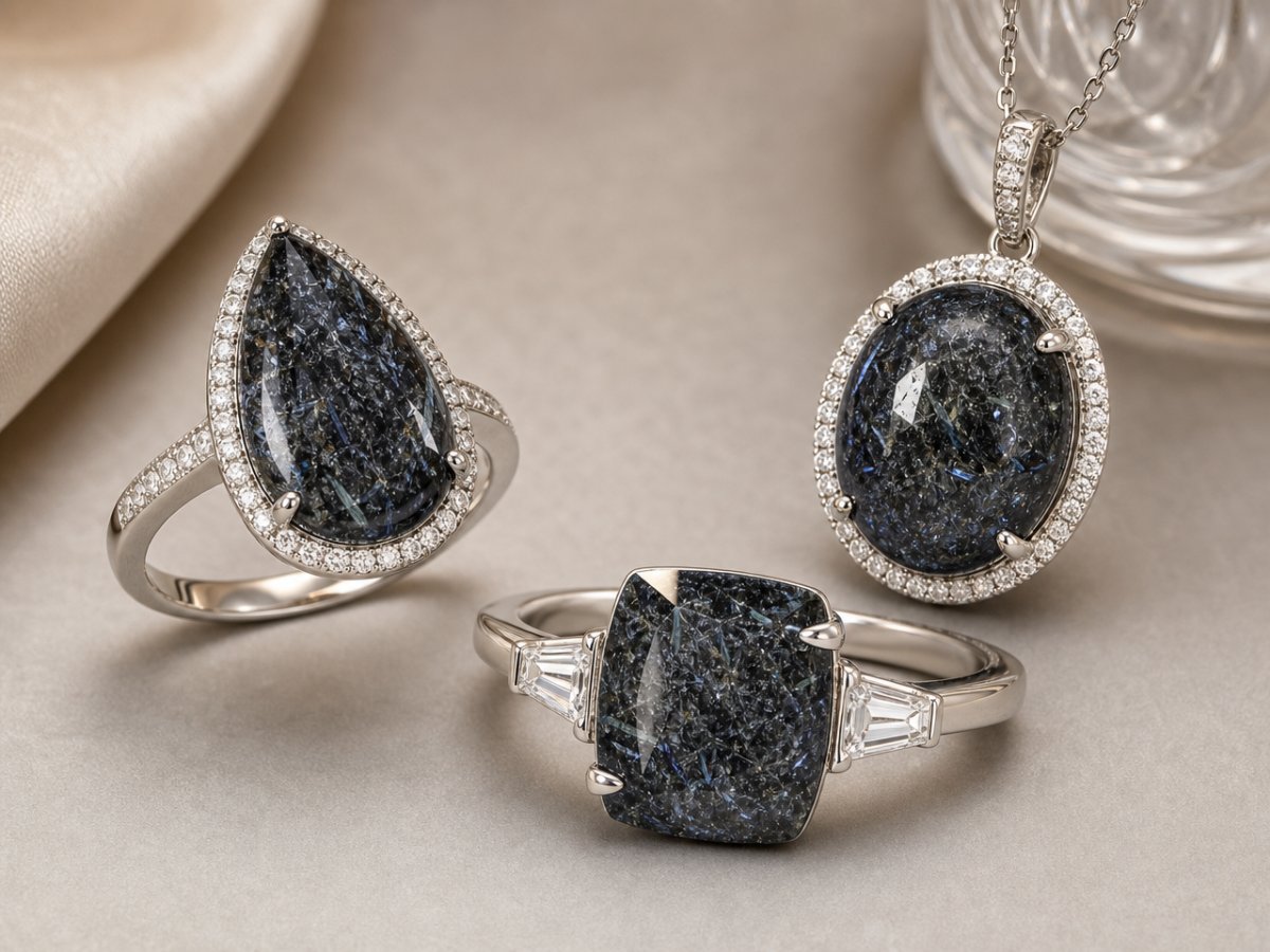 Nuummite gemstones shown in jewelry