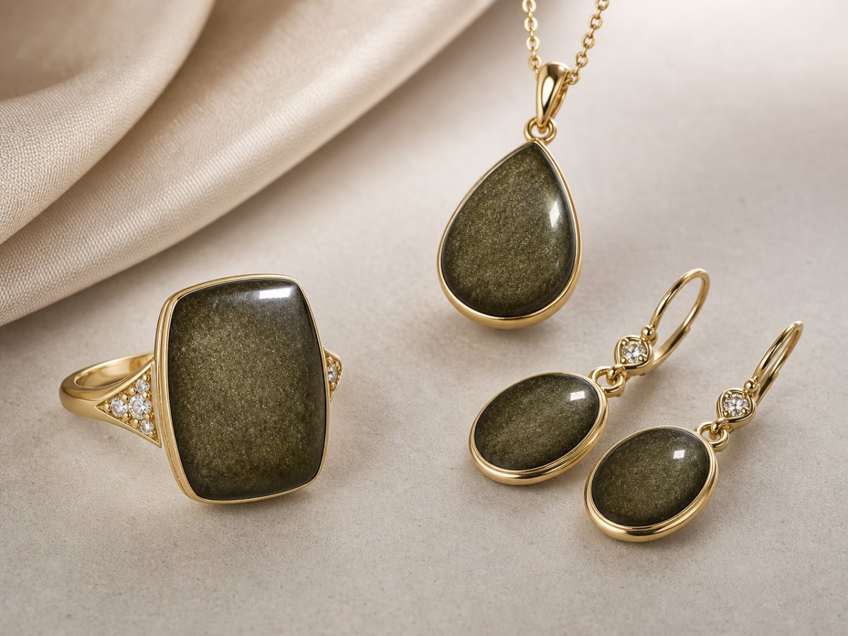 Obsidian gemstones shown in jewelry