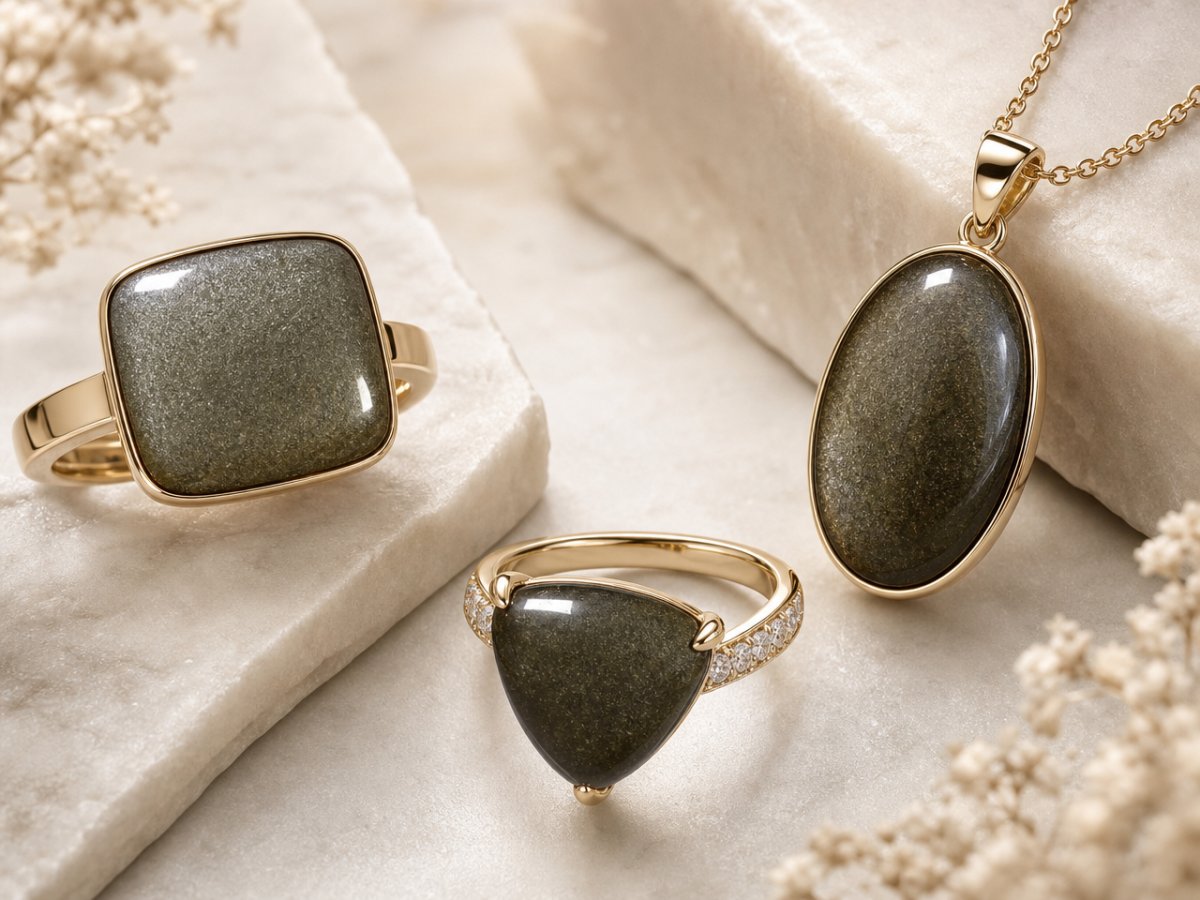 Obsidian gemstones shown in jewelry