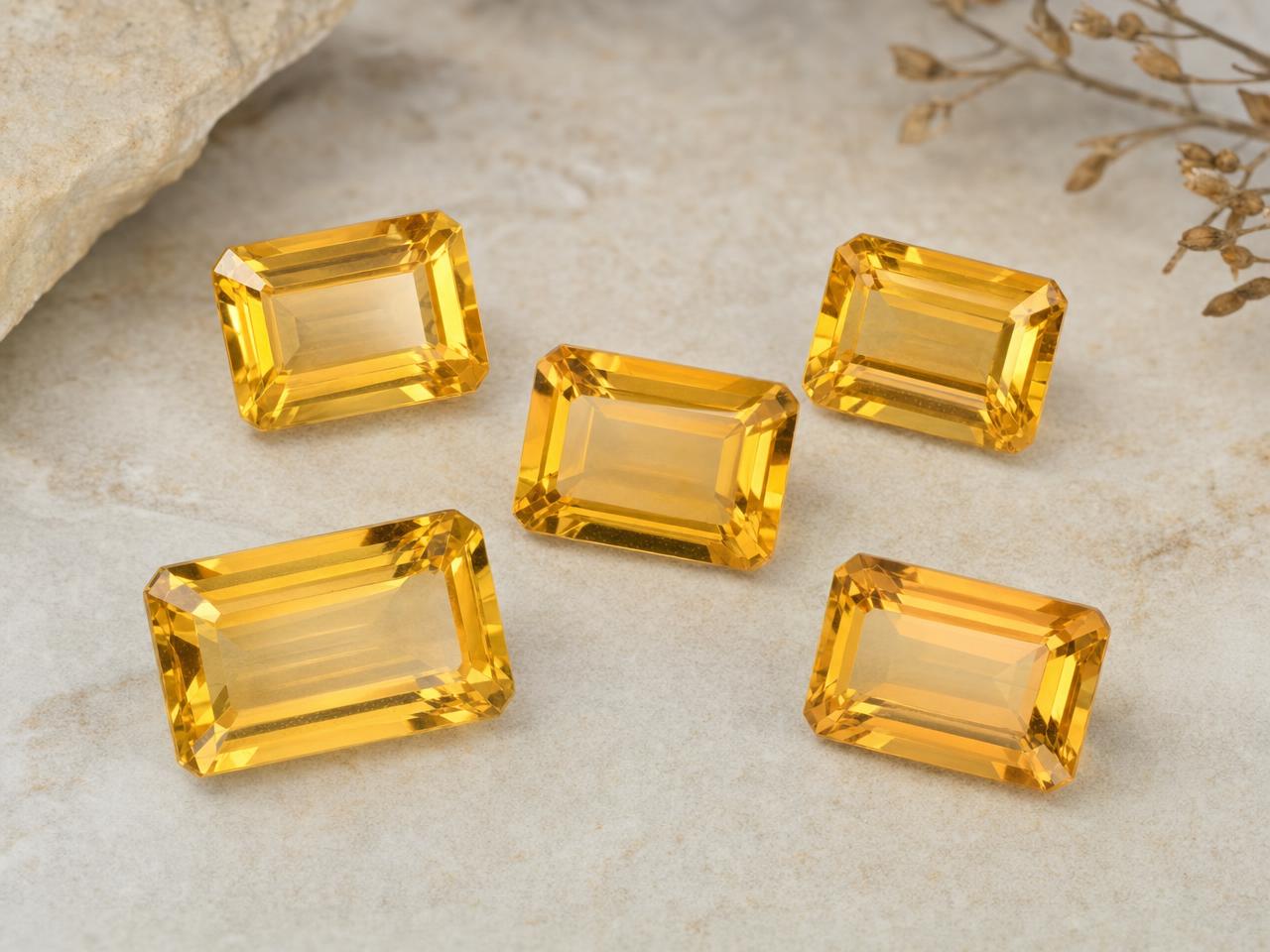 Loose octagon citrine gemstones in golden yellow tones