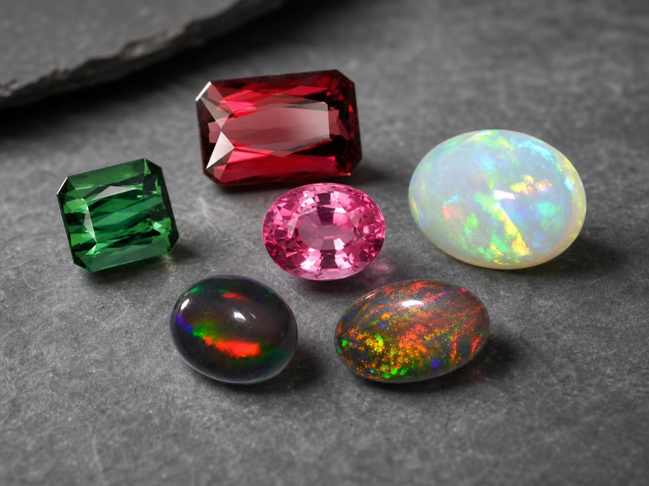 Loose opal and tourmaline October birthstones